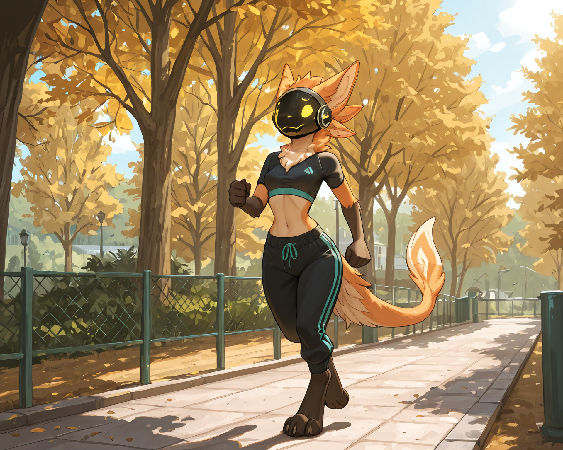 by_kluclew:1.5, protogen, avali, protogen_avali, hybrid, female, thin, slender, small_breasts, small_waist, jagged_mouth, jogging_clothers, digitigrade, sweatpants, crop_top, sunny, park, populated_park, detailed_fur, being_watched,