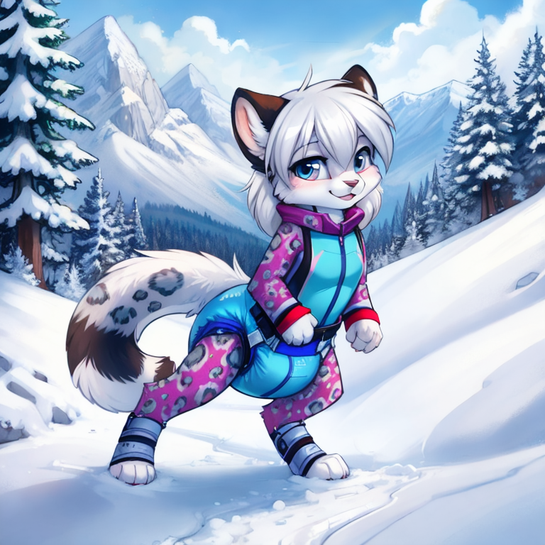 by tom fischbach,by arh,by seraziel,by silverfox5231, Character: feline,snow leopard, feral,detailed face,female,cute face, solo, solo, Wearing:  pattern skinsuit, diaper_under_clothing, vibrator_in_ass,  Scene:outside, mountain, snow, best_quality, HDR, 4K,