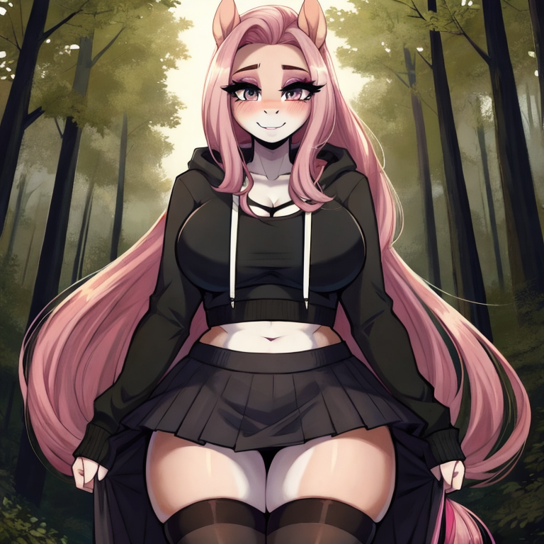 by jabrikka:1.3  voluptuous, anthro_pony fluttershy Hair_over_eye, perky_breasts  thigh_highs, skirt, cropped_hoodie, black_makeup, messy_hair,  forest_background, forest_at_night, bedroom_eyes,  sports_bra,  From_behind_view,  horse_tail,