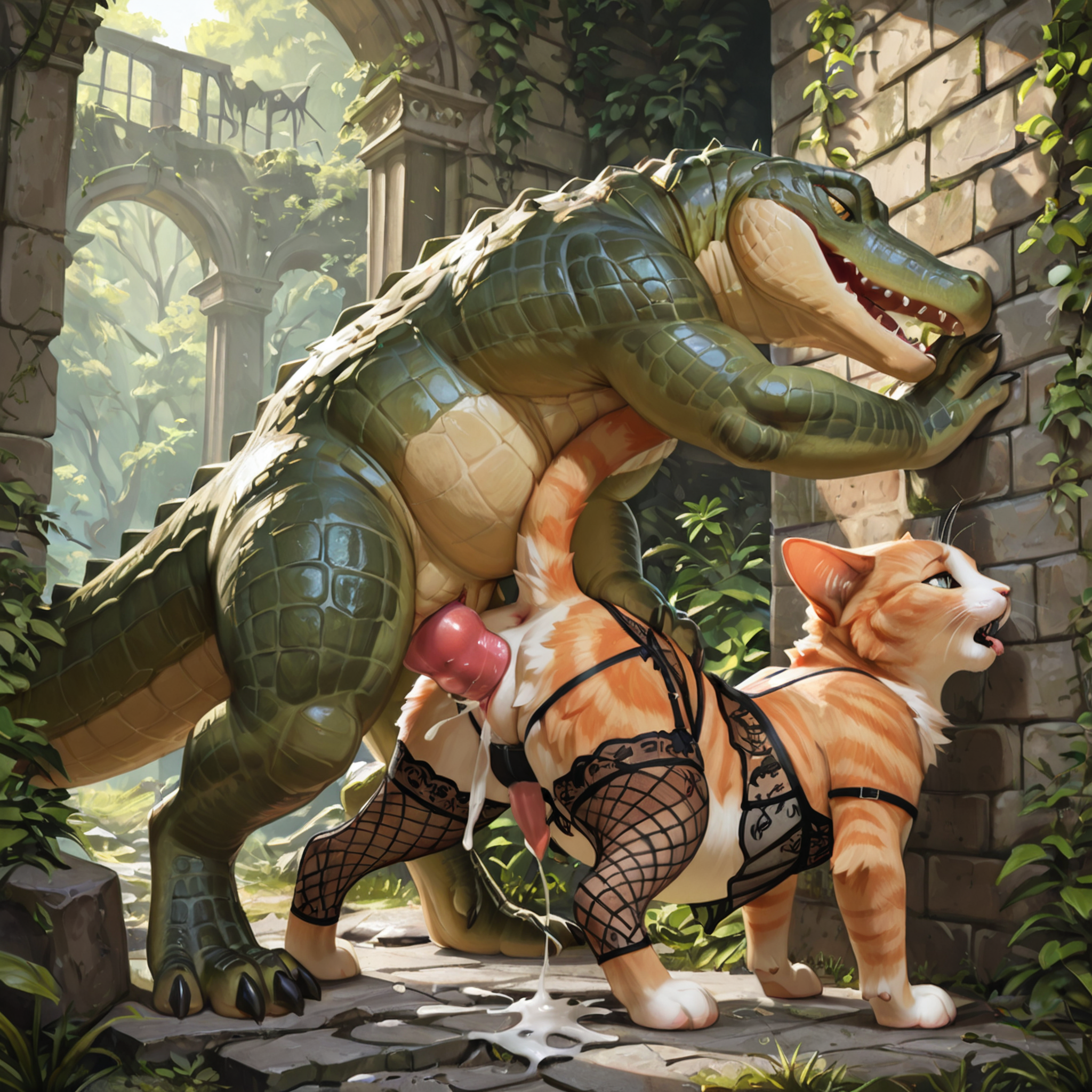 (by reallynxgirl:1), duo, (feral_fucking_feral:1.4), feral_penetrating_feral,  (vaginal_penetration:1.4), (feral_on_feral:1), (feral_penetrating_feral:1), (3d:1), adult, (detailed:1), (feral_legs:2), (feral_arms:2), paws, (realistic_feral:2), (lingerie_on_feral:2), (feral:2), (crocodile:1.8), (cat:1.7),  (hybrid:2) , (intersex/male:2), (genital_slit:2), small_penis, (tapering_penis:1), (spiked_penis:1), (crocodile_penis:1), (feline_pussy:1), (slightly_chubby:1.6), cum, excessive_cum,  (ruins:1.4),  mating,  standing_doggystyle,