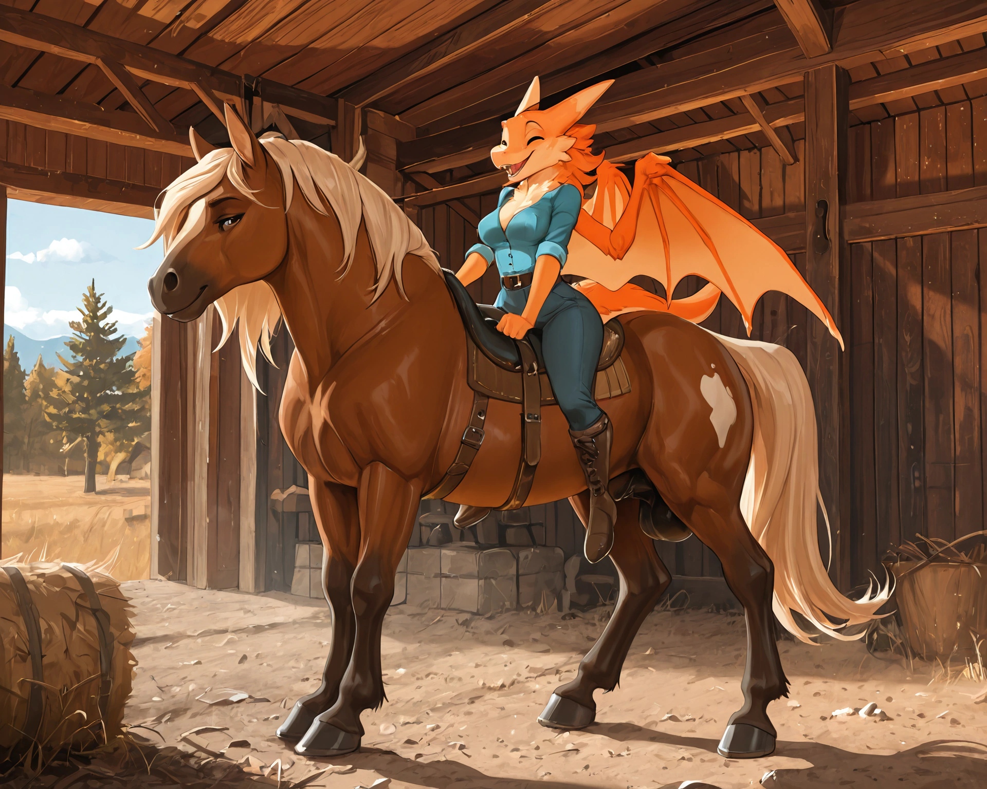 by_kluclew, furred_dragon, anthro, furred_wings, orange_fur, digitigrade, three_toes, dragon_claws, female, small_breasts, clothed_anthro, slender, happy, gleeful, toothy_smile, barn, stable, brushing_horse, standing, next_to_partner BREAK quadruped, equine, horse, feral, realistic_feral, brown_body, equine_genitalia, sheath, flaccid, fully_sheathed