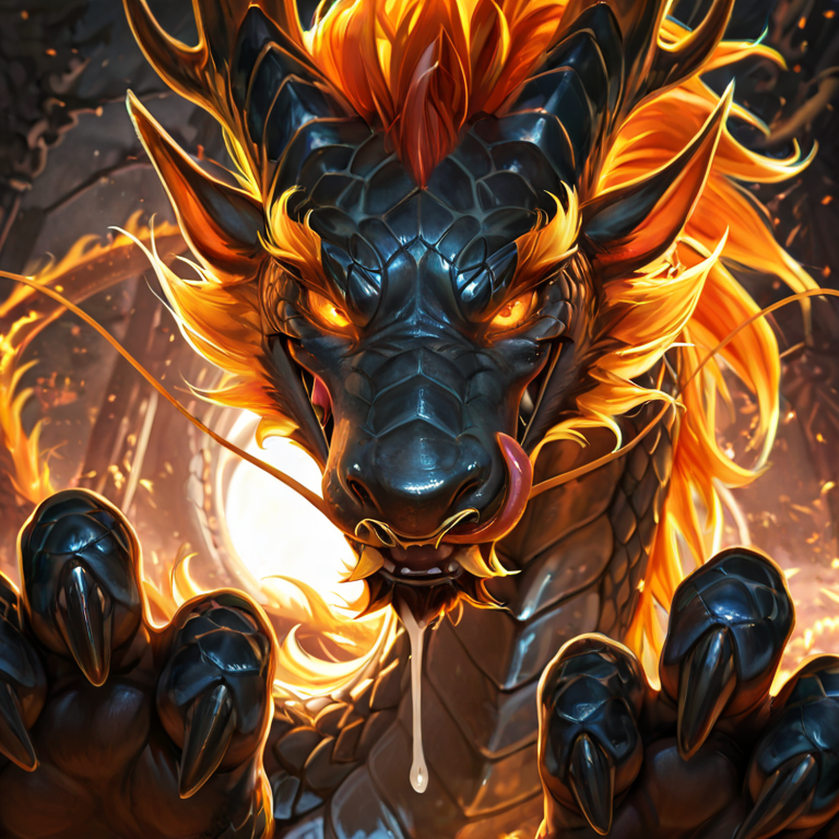 eastern_dragon, cum_drip, animal_penis, licking_lips, glowing_eyes, realistic_feral, claws, fangs, nose_ring, sexy_eyes,