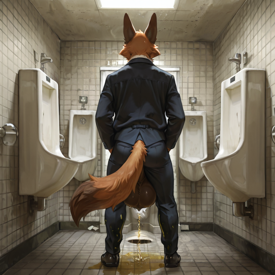 animal_genitalia, huge_sheath, huge_balls, urine_on_ground, fully_clothed, standing, public_restroom, urinal