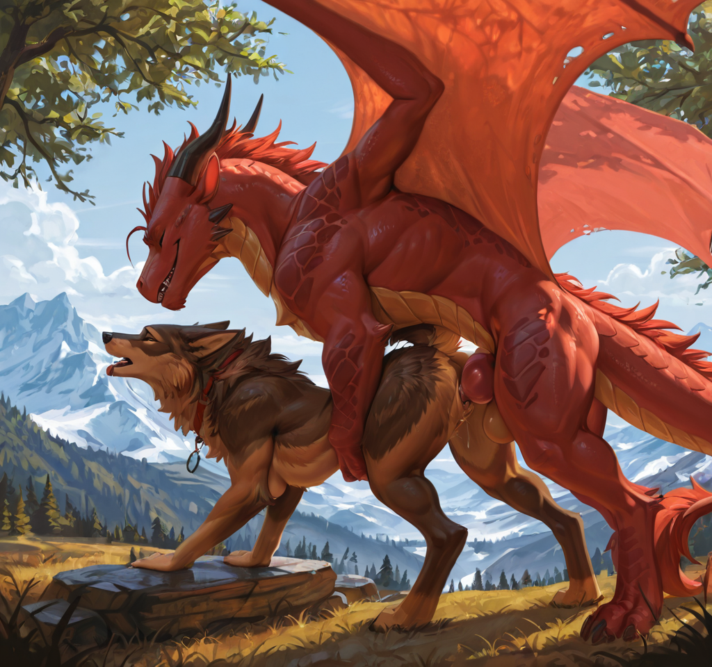 by_kluclew:1.5, bestiality, intraspecies_bestiality, feral_canine, anthro_dragon, anthro_furred_dragon,  feral_penetrating_anthro, realistic_feral, digitigrade, male_penetrating_female, vaginal_penetration, knot, feral_mounting_anthro, canine_mounting_dragon