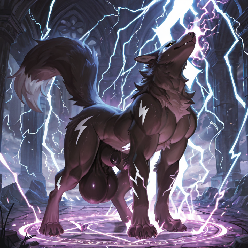 magic_circle, nude, animal_genitalia, huge_sheath, huge_balls, lightning_bolt,