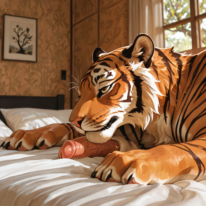 solo, tiger, realistic_feral, realistic_penis_size, anatomically_correct, anatomically_correct_genitalia, anatomically_correct_penis, feral, male, side_view, lying_on_bed,