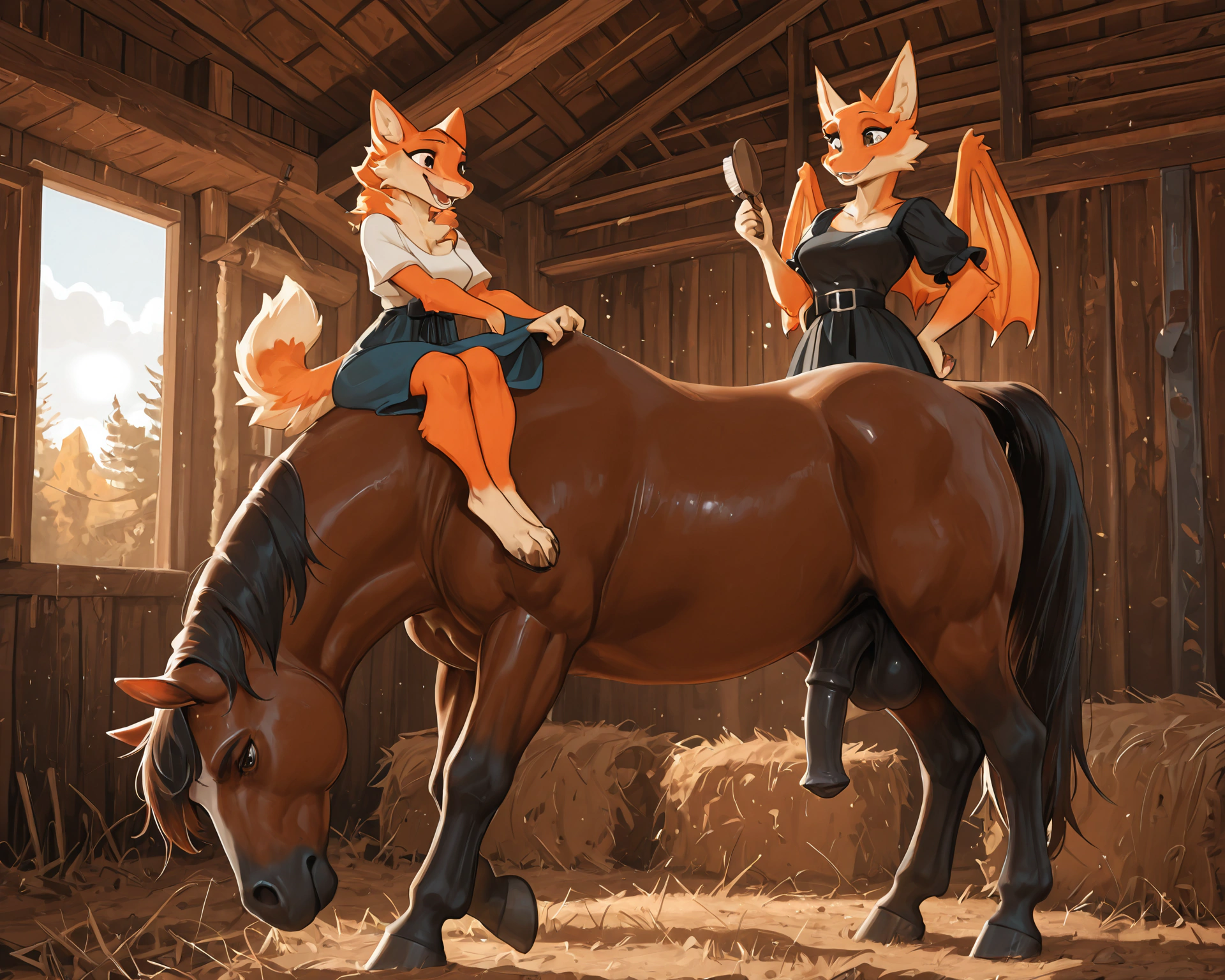 by_kluclew, duo, furred_dragon, anthro, furred_wings, orange_fur, digitigrade, anthro_three_toes, dragon_claws, female, small_breasts, clothed_anthro, slender, happy, gleeful, toothy_smile, barn, stable, brushing_horse, standing, standing_on_gound, smaller, small_female, side_by_side BREAK quadruped, equine, horse, feral, realistic_feral, brown_body, equine_genitalia, sheath, flaccid, fully_sheathed, larger_male, large_horse, beside_anthro