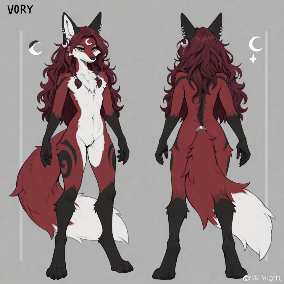 anthro female fox, dark burgundy red fur, slim build, digitigrade legs, nude, neutral pose, fluff on chest, dark red hair, wavy hair, long hair, loose hair, braided hair, multiple small braids, hair wraps light grey-green eyes, ivory muzzle, ivory chest fur, ivory belly fur, ivory tail tip, black forearms, black hands, black lower arms, black legs, black feet, black from knees down, black stripe next to nose, black ear tips, charcoal black markings, black stripes on thighs, black stripes on upper arms crescent moon marking, white crescent moon, upside-down crescent moon on forehead with points upwards, white crescent moon on tail, white crescent moon on black, long fluffy tail, tail accessory, metal tail ring, silver tail band, braided tail fox ears, ear piercings, silver ear hoops clean lines, full body, front view, reference sheet style