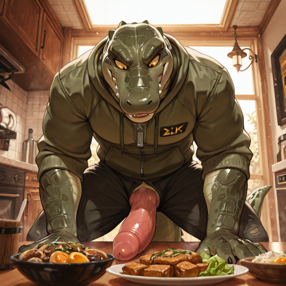 monty_gator, clothing, food_play, alligator_genitalia, slit_penis,