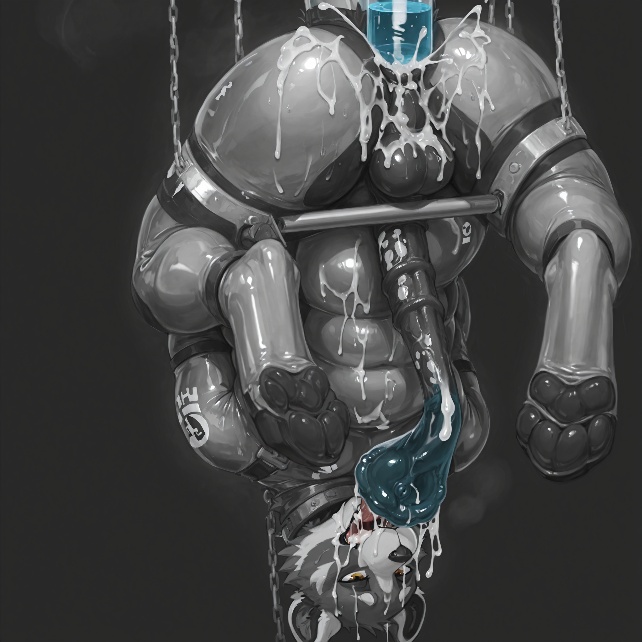 solo, red_panda, slightly_chubby, male, anthro, equine_penis, anatomically_correct, rubber_suit, chained, cum_in_own_mouth, cum_tube, laboratory, explicit