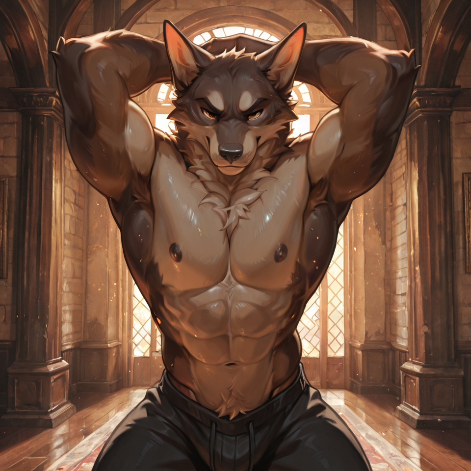 hands_behind_head, arms_over_head, torso_leaning_forward, standing, abs_focus, chest_exposed, confident, muscular, full_body