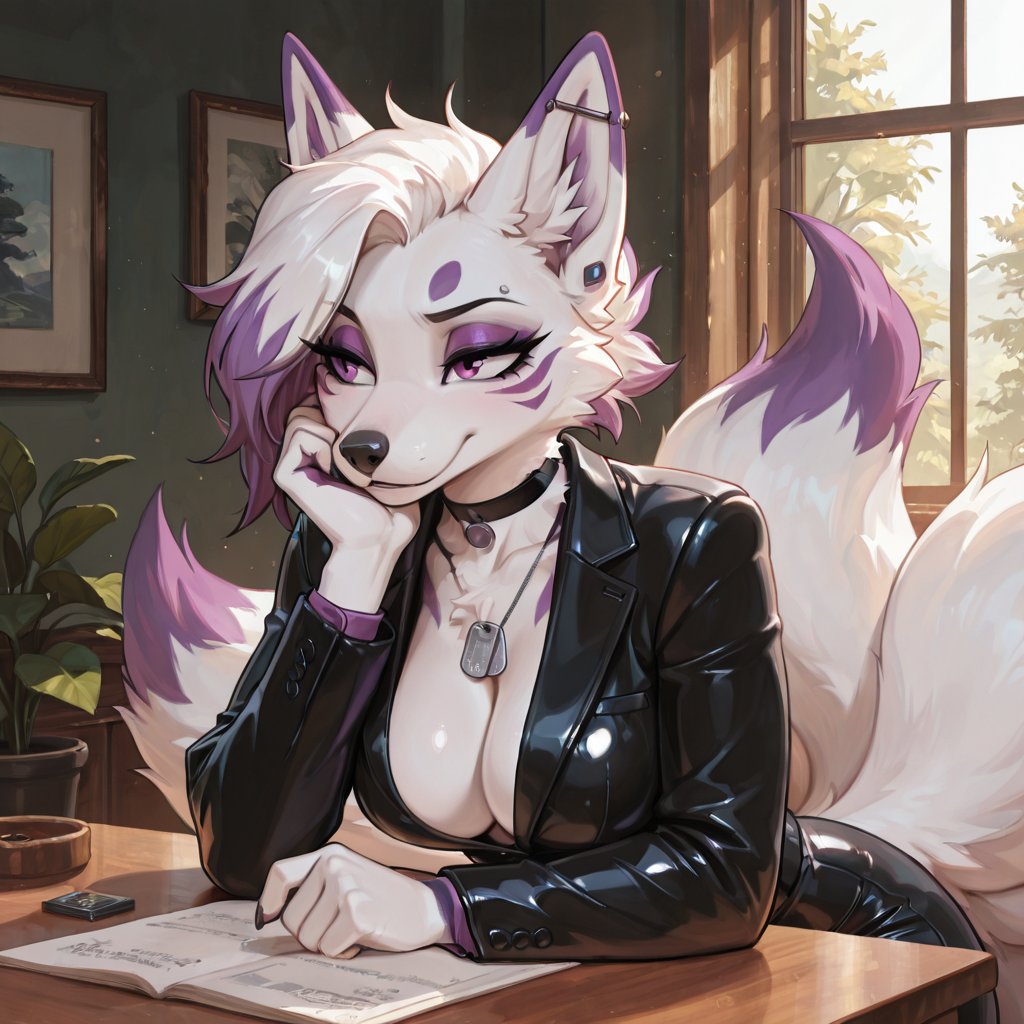 Strictly_females, No_males, solo_focus,  ~~~~~~~~~~~~~~~~~~~~~~~~~~ voluptuous_female, anthro_Kitsune, white_fur, two_tone_hair, medium_breasts,  purple_markings, Multiple_tails, mascara, dominant_nature, ~~~~~~~~~~~~~ Black_Suit_top, multiple_piercings, choker, dog_tags, ~~~~~~~~~~~~~~~~~~~~~~~~~~~ Sitting_at_confrence_desk,