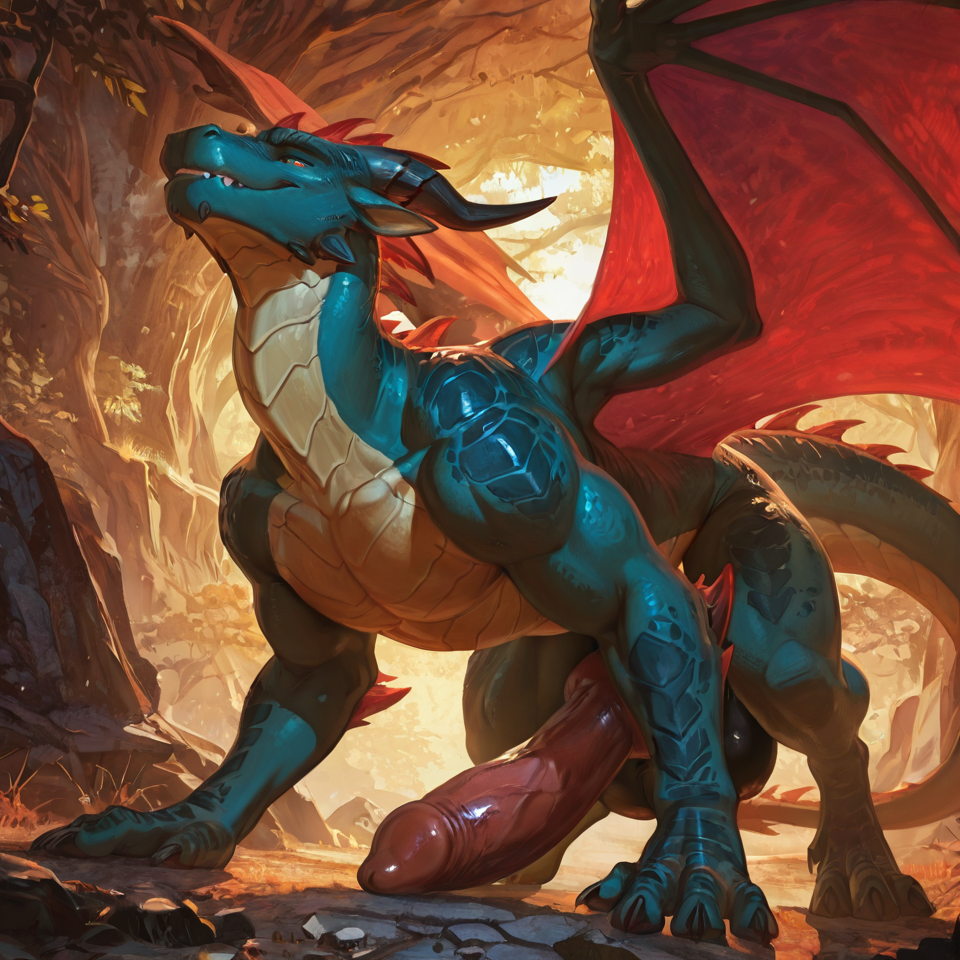 Male, solo, huge_balls, huge_penis, sheath,  dragon, feral, wings, on_all_fours, biting_own_lip, animal_genitalia,