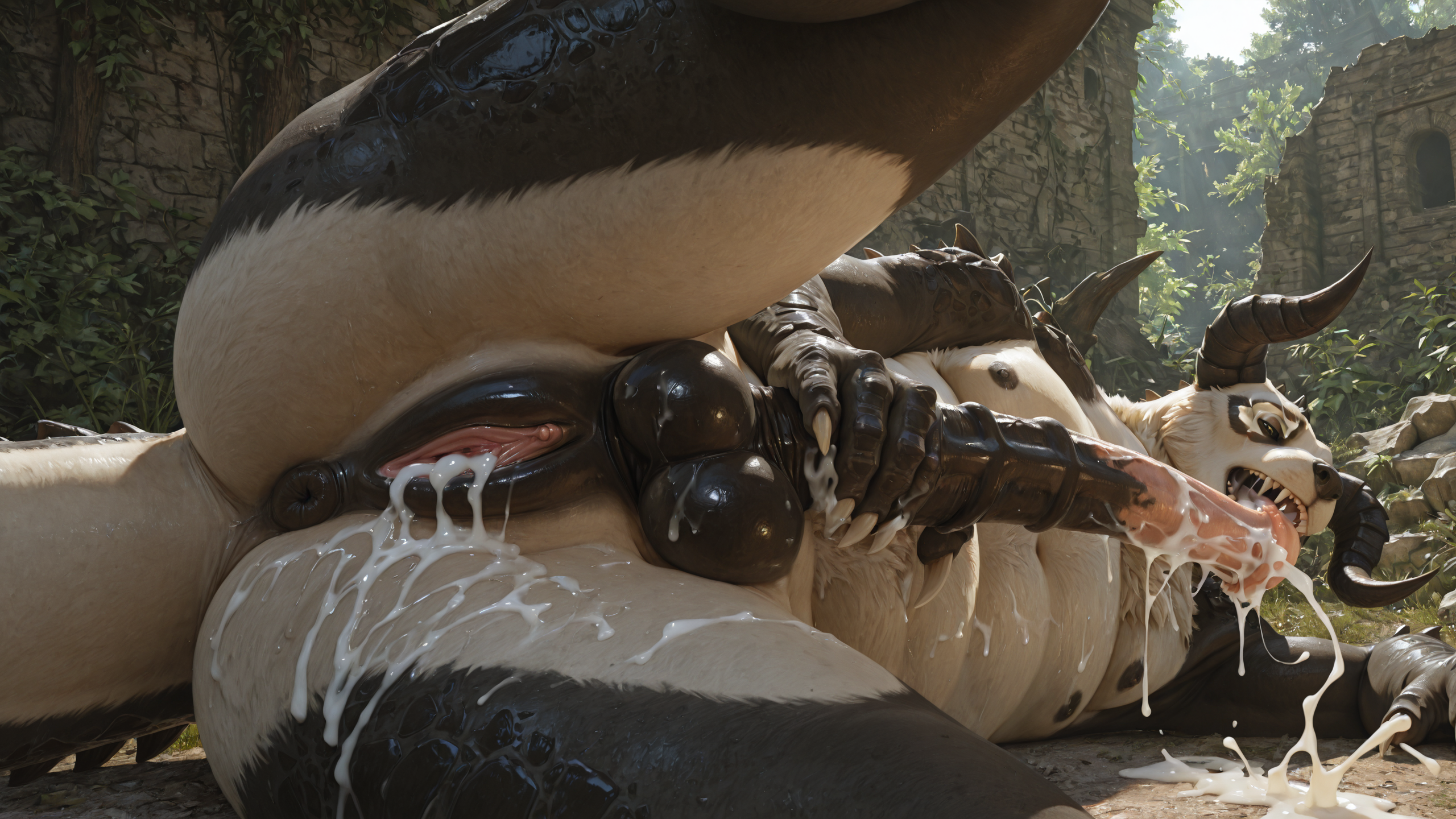 (photorealism:2), (realistic:2), (3d:1.2), realistic_penis_size, solo, intersex/male, slightly_chubby, black_body, white_body, (panda:1), (deathclaw:1.3), hybrid, equine_penis, genital_slit, (equine_pussy:1.2), ruins, side_view,  genital_close-up, lying_on_ground, presenting_vulva, masturbation, cum, cumshot_in_mouth, cum_in_vagina,