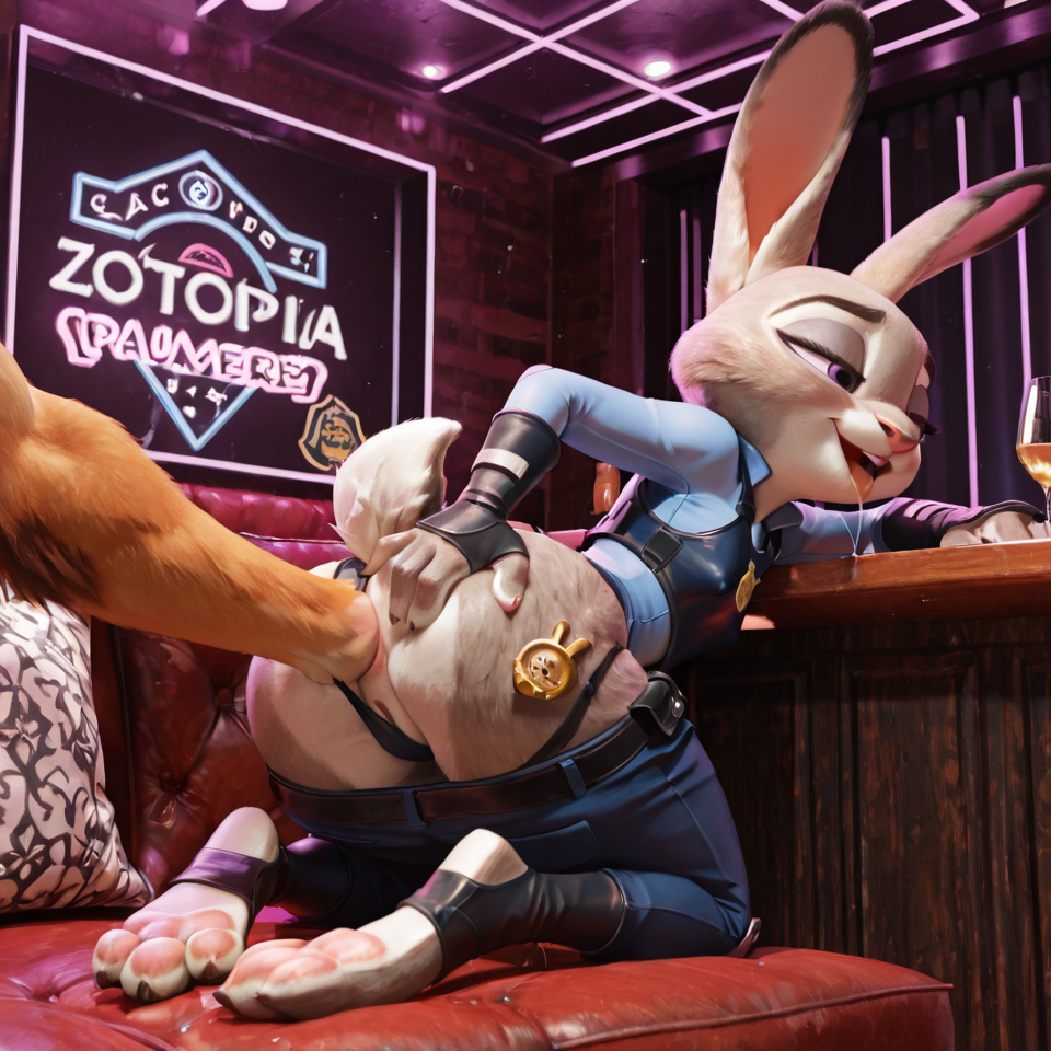 A, female, anthro, photorealism,  judy_hopps, zootopia, disney, bunny, paws, police_uniform, pants down, thong_straps aside, stirrup_legwear, painal, flat_chested, erect nipples, saliva_string, narrowed_eyes, anus outlines, spread_butt, clothed, (anal fisting, elbow deep in ass), cavity search, by, dominant male lion, full body focus, strip club, private room, (realistic 3d artwork), detailed fur, photorealistic, ultra realistic textures, 4k,