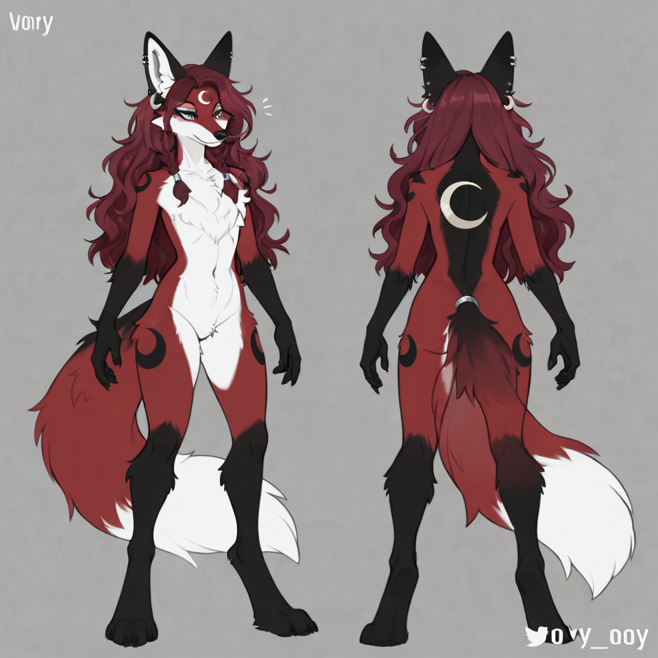 anthro female fox, dark burgundy red fur, slim build, digitigrade legs, nude, neutral pose, fluff on chest dark red hair, wavy hair, long hair, loose hair, braided hair, multiple small braids, hair wraps light grey-green eyes ivory muzzle, ivory chest fur, ivory belly fur, ivory tail tip black forearms, black hands, black lower arms, black legs, black feet, black from knees down, black stripe next to nose, black ear tips, charcoal black markings, black stripes on thighs, black stripes on upper arms crescent moon marking, white crescent moon, upside-down crescent moon on forehead with points upwards, white crescent moon on tail, white star design on each shoulder long fluffy tail, tail accessory, metal tail ring, silver tail band, braided tail fox ears, ear piercings, silver ear hoops clean lines, full body, front view, reference sheet style
