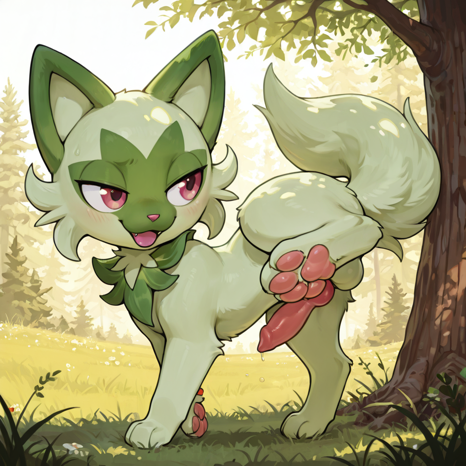 sprigatito，male,futa,longeyelashes,  nsfw, long tail,pawpads, naughty_face, paws, solo,  feral, grass,  on_side, foot_focus, animal_genitalia,  style_emulation,  leg_up,  standing,