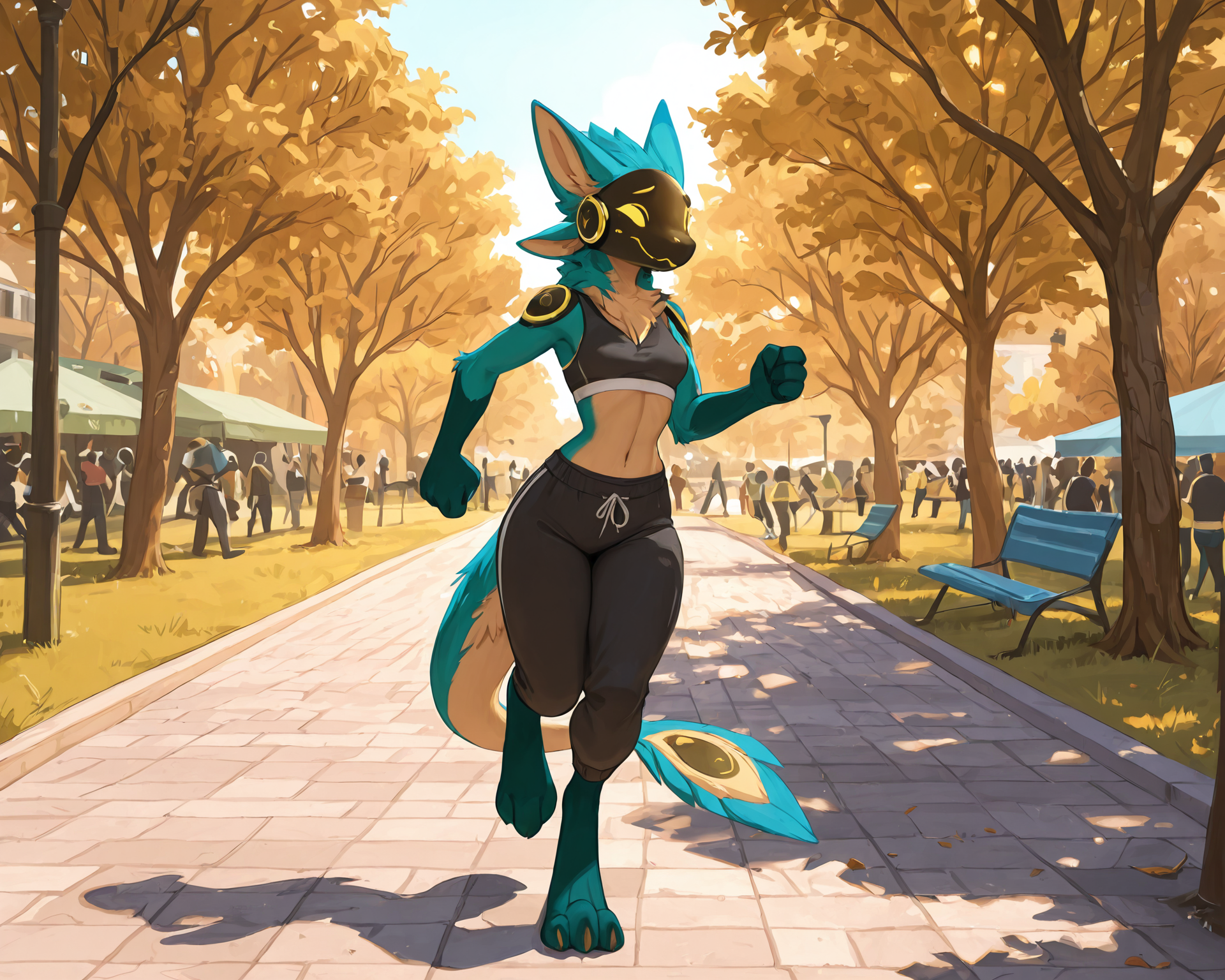 by_kluclew:1.5, solo_focus, protogen, avali, protogen_avali, hybrid, female, thin, slender, small_breasts, small_waist, jagged_mouth, jogging_clothers, digitigrade, three_toes, four_fingers, sweatpants, crop_top, sunny, park, populated_park, detailed_fur, being_watched, crowd