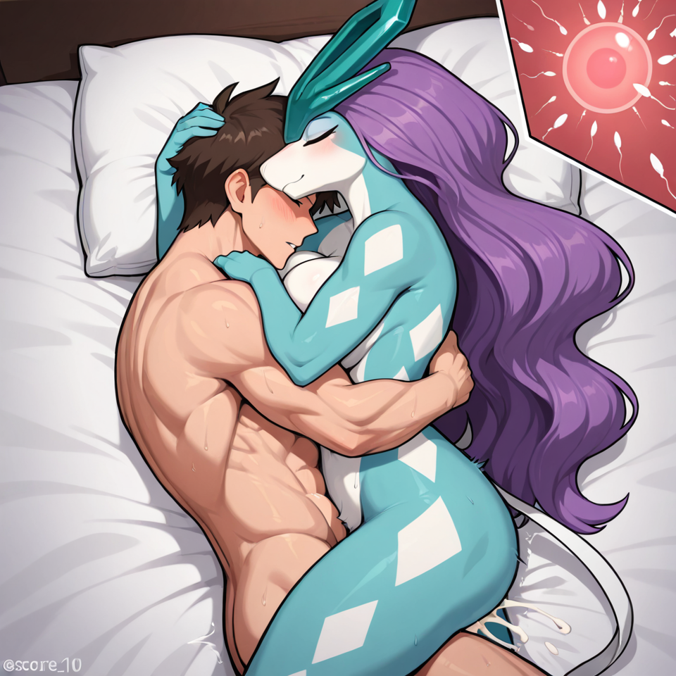 anthro_on_human, human, male/female, vaginal_penetration, impregnation, cum, Suicune from Pokémon, muscular, male_anthro, female_human, female_human, love, breeding, hugging_from_front, romantic_couple, full_naked, sleeping, laying on the bed