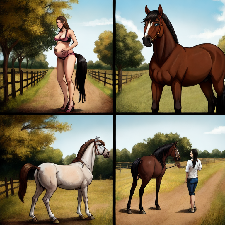 5_panel_comic, human, Girl,  farm, blue_eyes, skinny, impregnation, intersex, interspecies, bestiality, horse, transformation_sequence, anatomically_correct_genitalia, pregnant_feral, multi_breast, in_heat, presenting_vulva, forced, before_and_after.