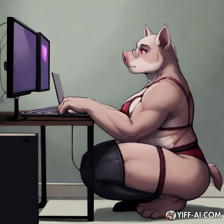 male, chubby, pig, glasses, body hair, side view, squatting, erection, precum, blank_stare, lingerie, bra, black_stockings, garter belt, dildo_sitting, hypnosis, pink_eyes, laptop, watching_television, squatting, leaning_backward, dark_body, nude,