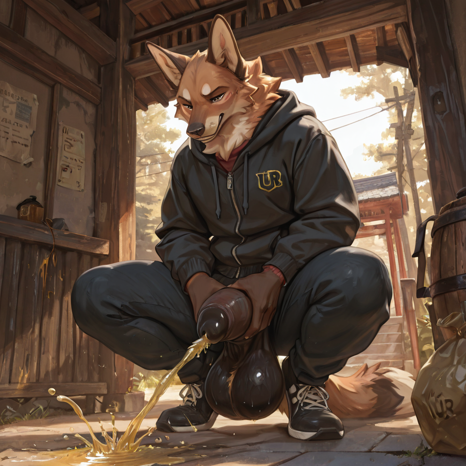 animal_genitalia, huge_sheath, huge_balls, urine_on_ground, fully_clothed,