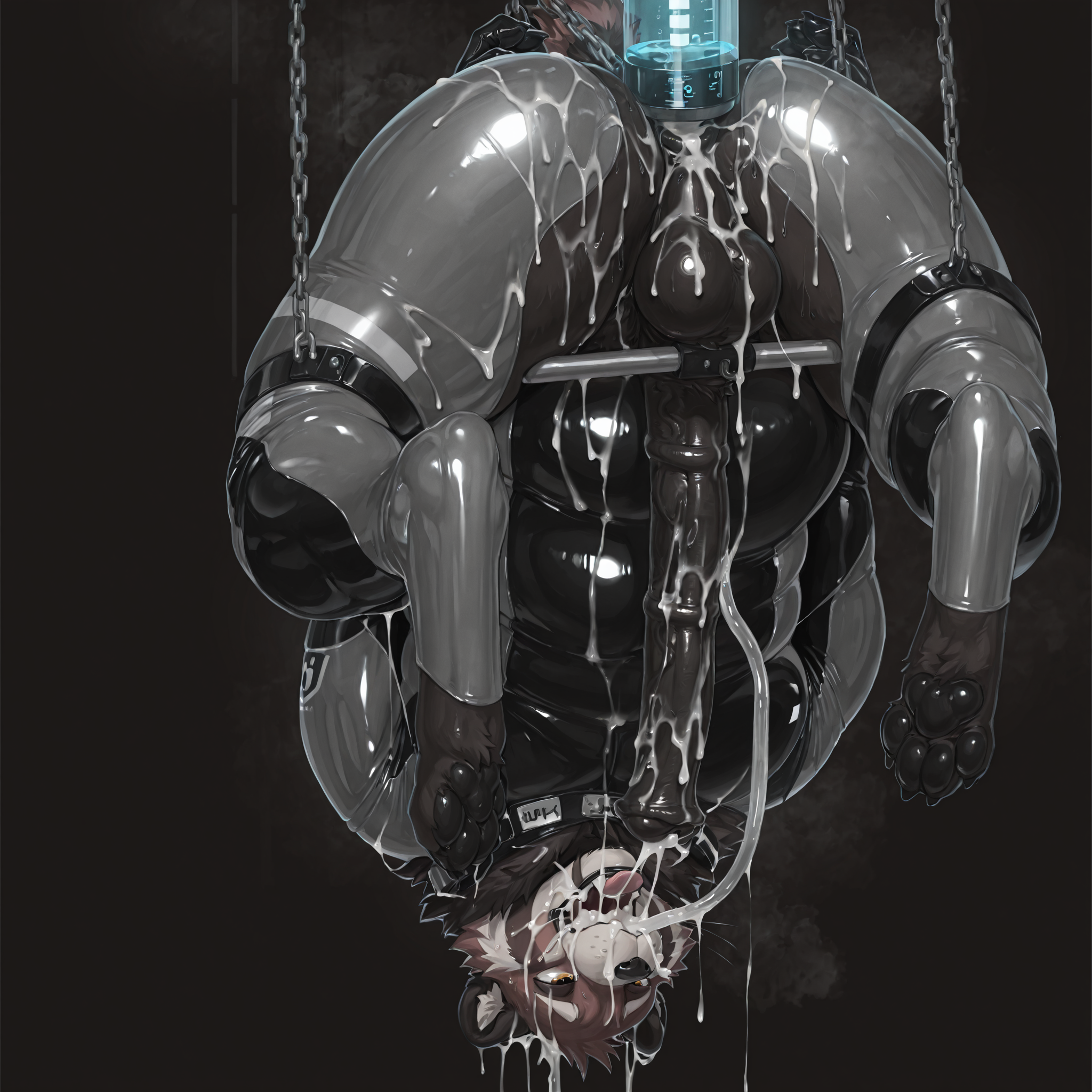 solo, red_panda, slightly_chubby, male, anthro, equine_penis, anatomically_correct, rubber_suit, chained, cum_in_own_mouth, cum_tube, laboratory, explicit