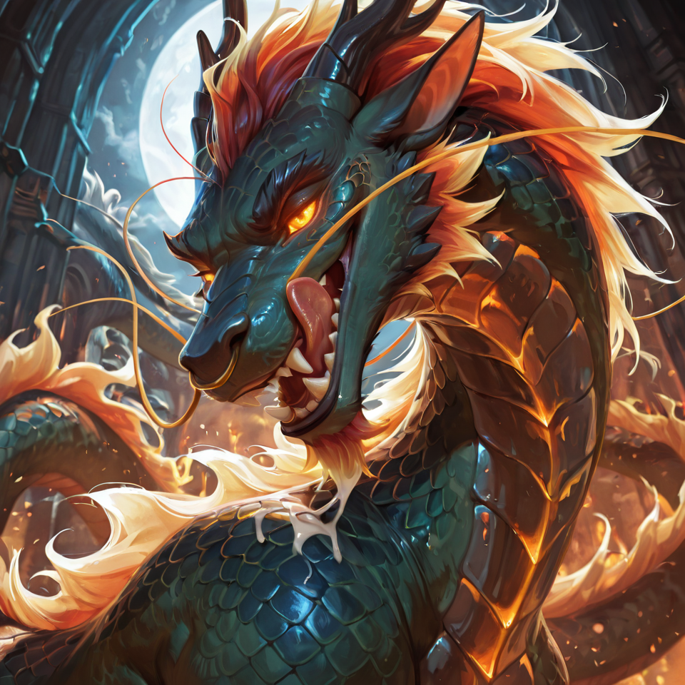 eastern_dragon, cum_drip, animal_penis, licking_lips, glowing_eyes, realistic_feral, claws, fangs, nose_ring,