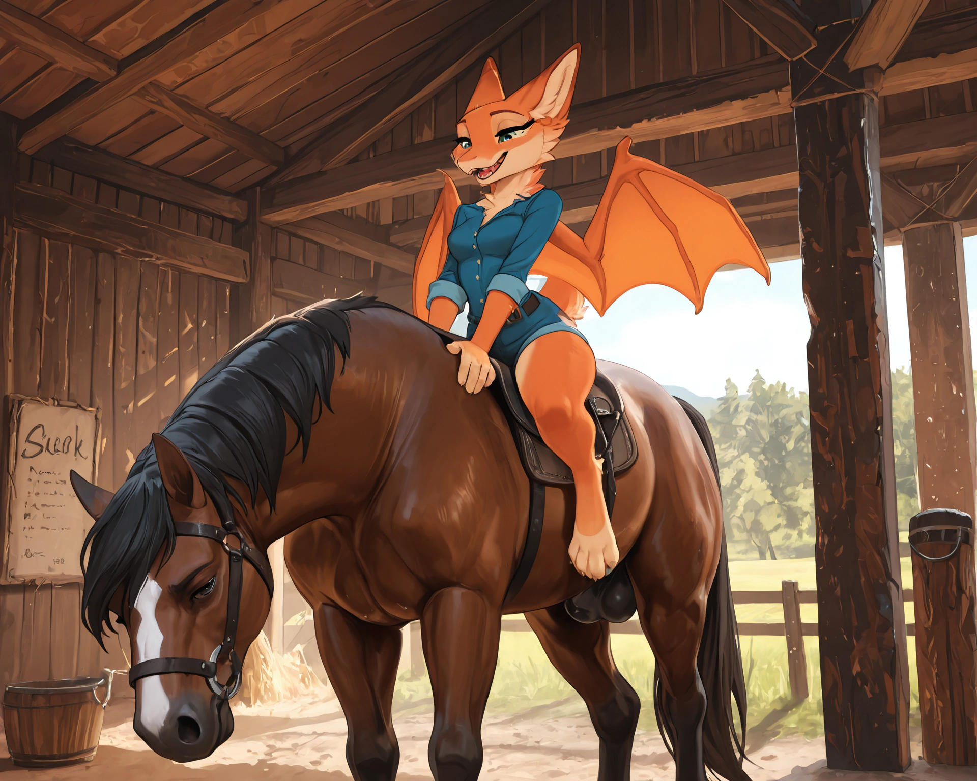 by_kluclew, bestiality, intraspecies_bestiality, duo, furred_dragon, anthro, furred_wings, orange_fur, digitigrade, anthro_three_toes, dragon_claws, female, small_breasts, clothed_anthro, slender, happy, gleeful, toothy_smile, barn, stable, smaller, small_female, kneeling_oral_position, ball_fondling, lustful_gaze, licking_sheath, oral, oral_penetration, servicing_from_below, on_ground, on_ground, on_ground, oral_servicing, oral_sex,  BREAK quadruped, equine, horse, feral, realistic_feral, brown_body, equine_genitalia, sheath, flaccid, fully_sheathed, larger_male, large_horse, beside_anthro, male/female