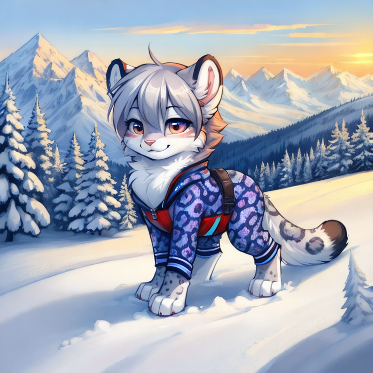 by tom fischbach,by arh,by seraziel,by silverfox5231, Character: feline,snow leopard, feral,detailed face,female,cute face, solo, solo, Wearing:  pattern skinsuit, diaper_under_clothing, vibrator_in_ass,  Scene:outside, mountain, snow, best_quality, HDR, 4K,