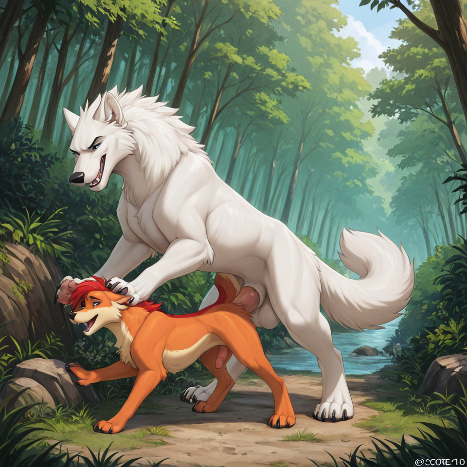 male/male, feral, human_on_feral, human_penetrating, humanoid_penis,