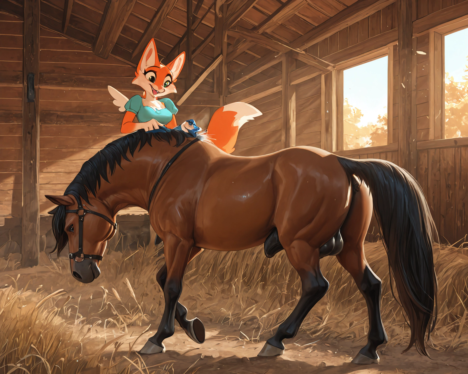 by_kluclew, duo, furred_dragon, anthro, furred_wings, orange_fur, digitigrade, three_toes, dragon_claws, female, small_breasts, clothed_anthro, slender, happy, gleeful, toothy_smile, barn, stable, brushing_horse, standing, next_to_partner, smaller, small_female, side_by_side BREAK quadruped, equine, horse, feral, realistic_feral, brown_body, equine_genitalia, sheath, flaccid, fully_sheathed, larger_male, large_horse