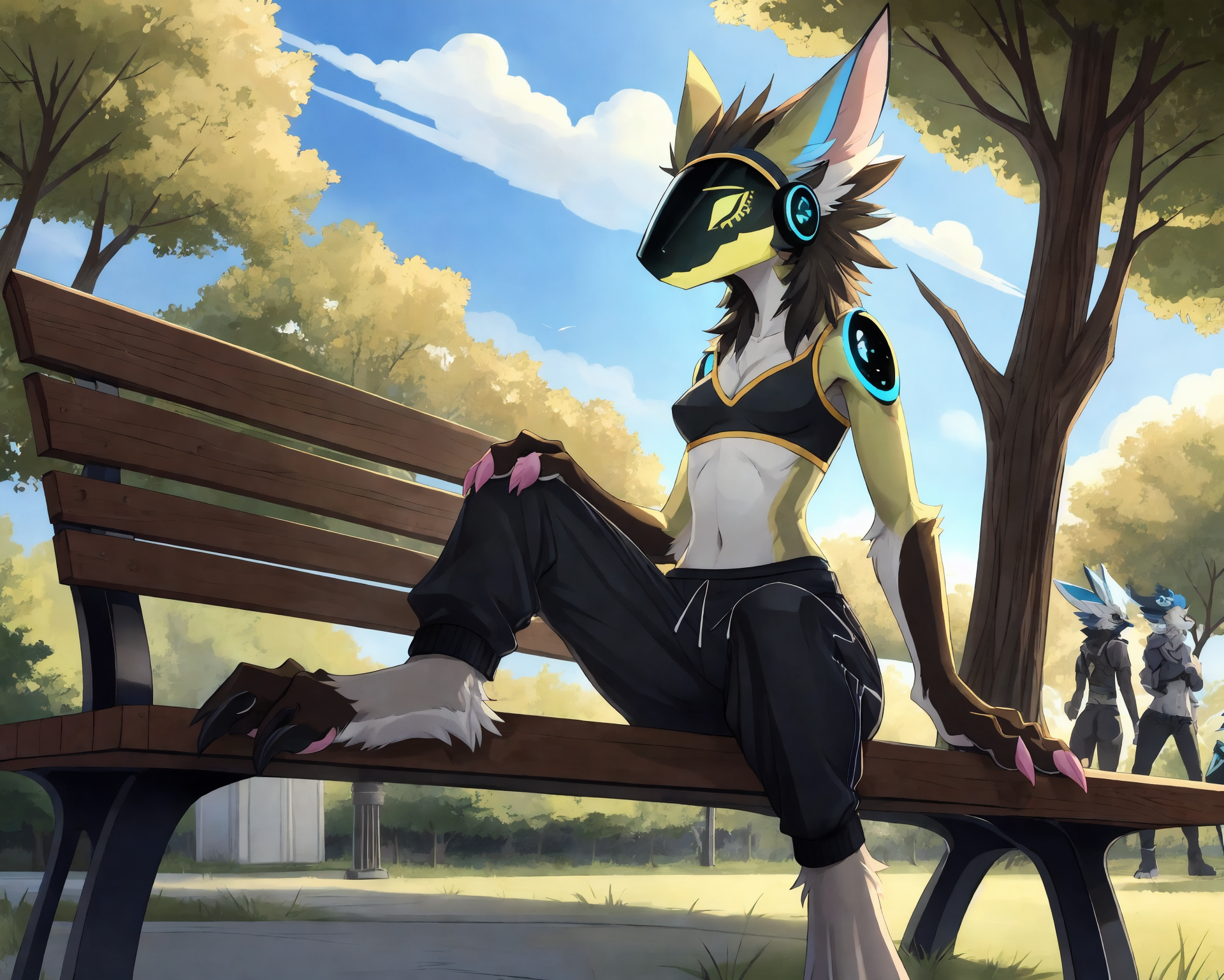 by_kluclew:1.5, solo_focus, protogen, avali, protogen_avali, hybrid, female, thin, slender, small_breasts, small_waist, jagged_mouth, digitigrade, three_toes, four_fingers, sweatpants, crop_top, sunny, park, populated_park, detailed_fur, being_watched, crowd, park_bench, sitting, pants_down, exposed_pussy, seductive, presenting_pussy
