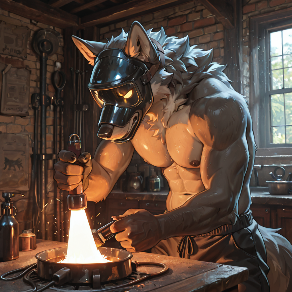 athletic_male, anthro, wolf, Welding welding_mask