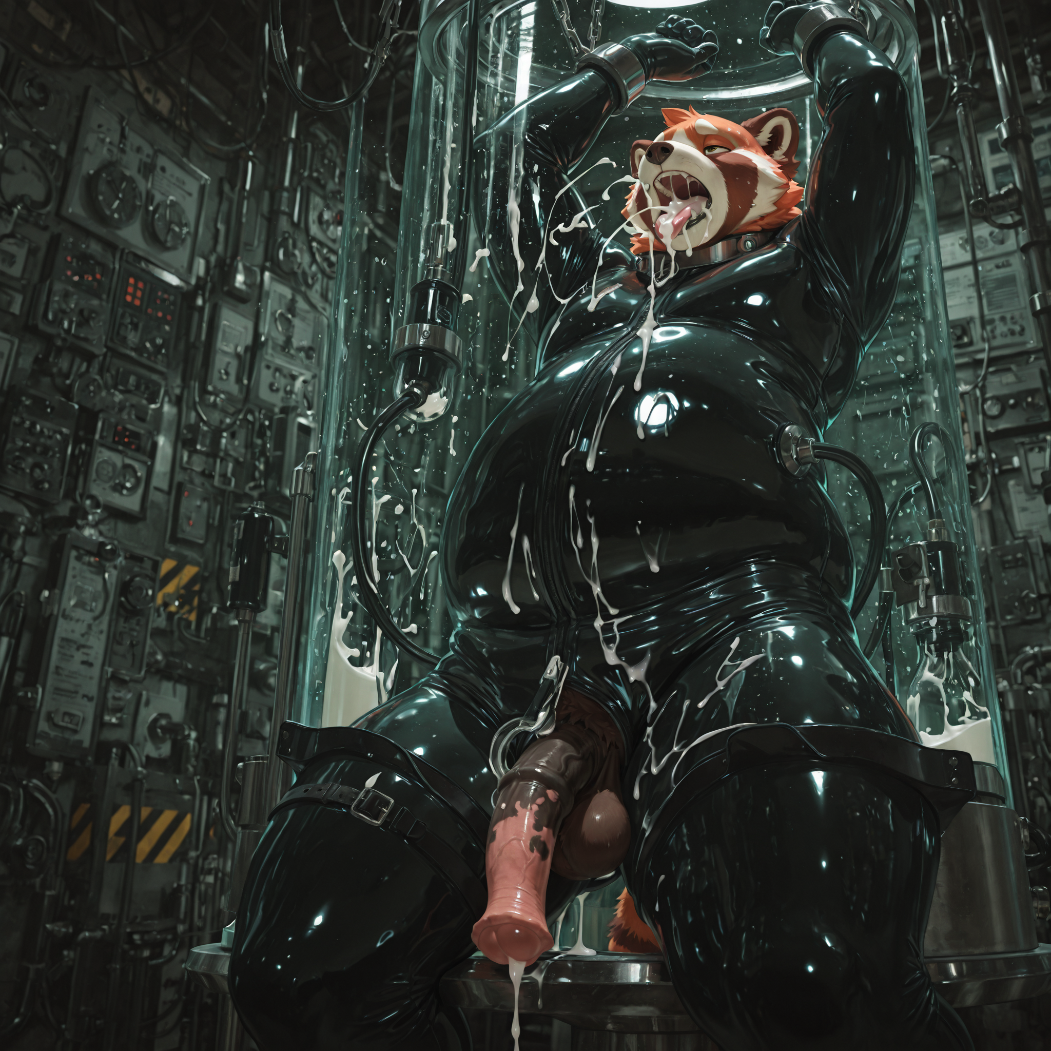 solo, red_panda, slightly_chubby, male, anthro, equine_penis, small_balls, anatomically_correct_penis, anatomically_correct, rubber_suit, chained, milking_machine, cum_in_mouth, laboratory, explicit