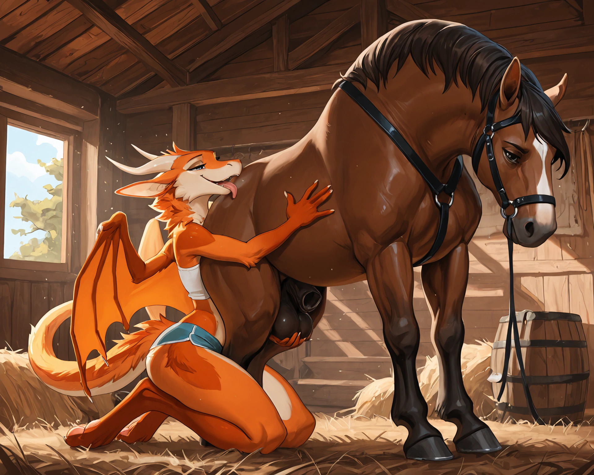 by_kluclew, bestiality, anthro_on_feral, intraspecies_bestiality, duo, furred_dragon, anthro, furred_wings, orange_fur, digitigrade, anthro_three_toes, dragon_claws, female, small_breasts, clothed_anthro, slender, happy, gleeful, toothy_smile, barn, stable, smaller, small_female, kneeling_oral_position, ball_fondling, sheath_servicing, kneeling_oral_position, kneeling_oral_position, kneeling_oral_position, kneeling_oral_position, lustful_gaze, licking_sheath, oral, oral_penetration, under_feral, ball_worship, sheath_play BREAK quadruped, equine, horse, feral, realistic_feral, brown_body, equine_genitalia, sheath, flaccid, fully_sheathed, larger_male, large_horse, beside_anthro, male/female, feral_on_top