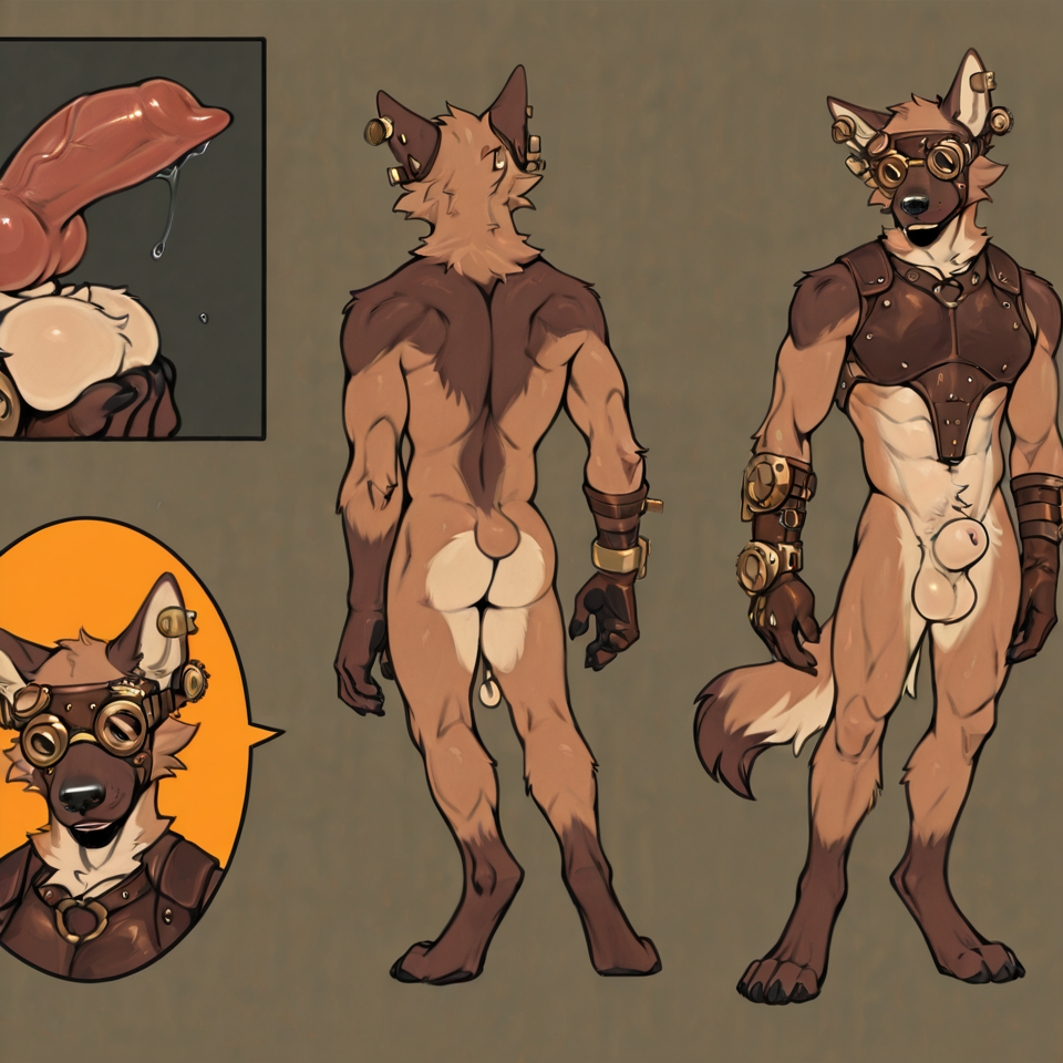 Muscular, steampunk, animal_genitalia, sheath, balls, big_sheath, solo, masturbation , canine_genitalia, nude,