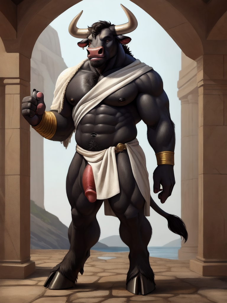 Anthropomorphic black minotaur man, fully anthro, full fur covered body, digitigrade legs, bovine hooves, , non-bovine face structure, bull-like facial proportions, expressive bovine ears, thin tail, anthro minotaur body proportions, animal-like anatomy, furry character, muscular anthro build, strong digitigrade legs, anthropomorphic minotaur man, not human, full furry character Confident stance, bold personality, greek island setting, photorealistic furry anthro character fully anthropomorphic animal character, non-human anatomy, furry anthro character, animal face, bovine muzzle anthropomorphic minotaur furry character, NOT human, animal head, bovine muzzle, fur covered body, digitigrade legs, paw hands, hoove feet, full anthro anatomy naked, fully_sheathed, sheathed_bovine_penis, bovine_genitalia, red_penis, big_balls, full_balls, greek toga, toga clothing, reveling clothing, black_body,  black_fur,