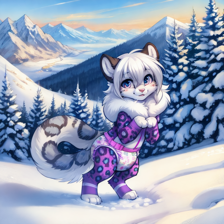 by tom fischbach,by arh,by seraziel,by silverfox5231, Character: feline,snow leopard, feral,detailed face,female,cute face, solo, solo, Wearing:  pattern skinsuit, diaper_under_clothing, vibrator_in_ass,  Scene:outside, mountain, snow, best_quality, HDR, 4K,