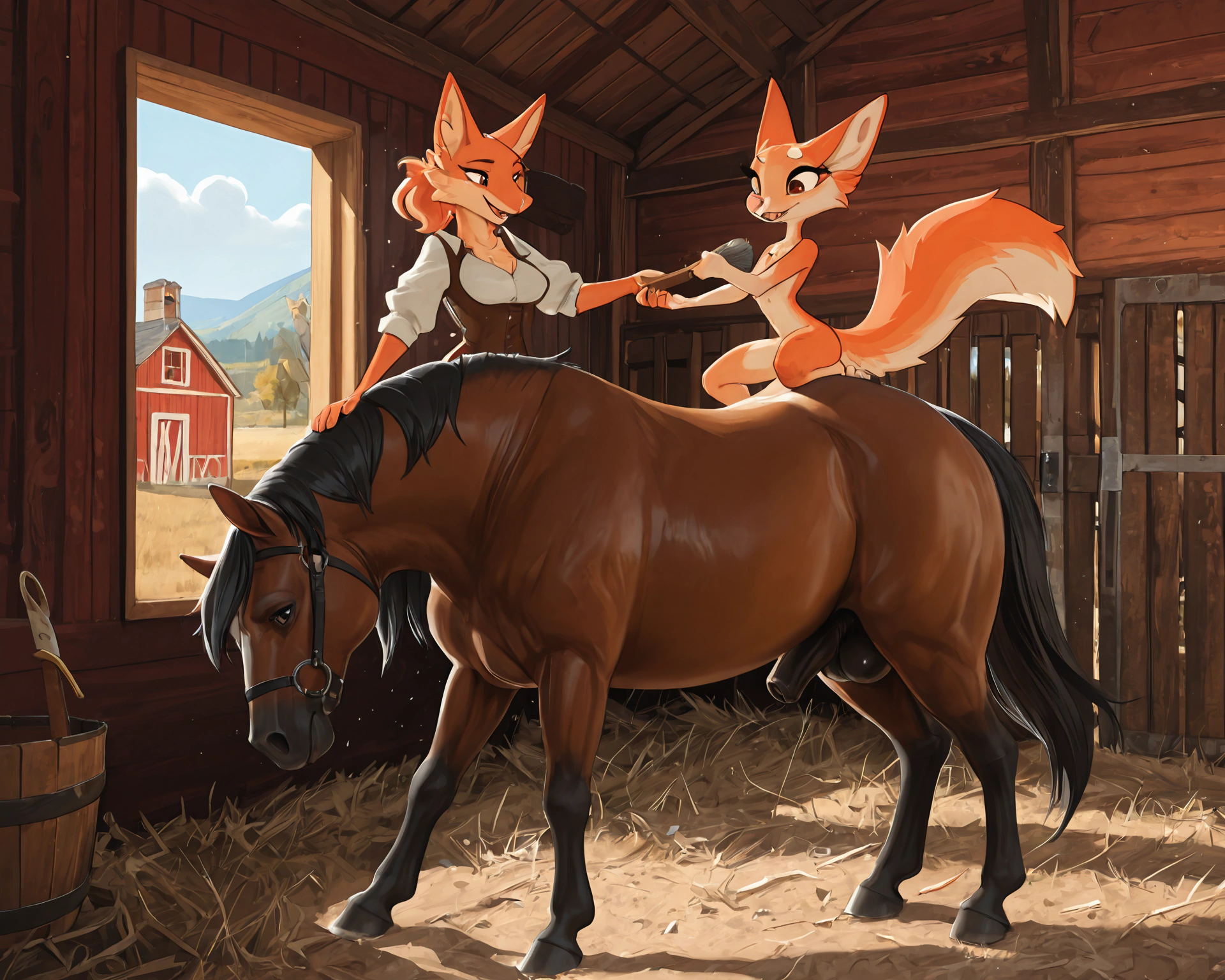 by_kluclew, duo, furred_dragon, anthro, furred_wings, orange_fur, digitigrade, anthro_three_toes, dragon_claws, female, small_breasts, clothed_anthro, slender, happy, gleeful, toothy_smile, barn, stable, brushing_horse, standing, standing_on_gound, smaller, small_female, side_by_side BREAK quadruped, equine, horse, feral, realistic_feral, brown_body, equine_genitalia, sheath, flaccid, fully_sheathed, larger_male, large_horse, beside_anthro