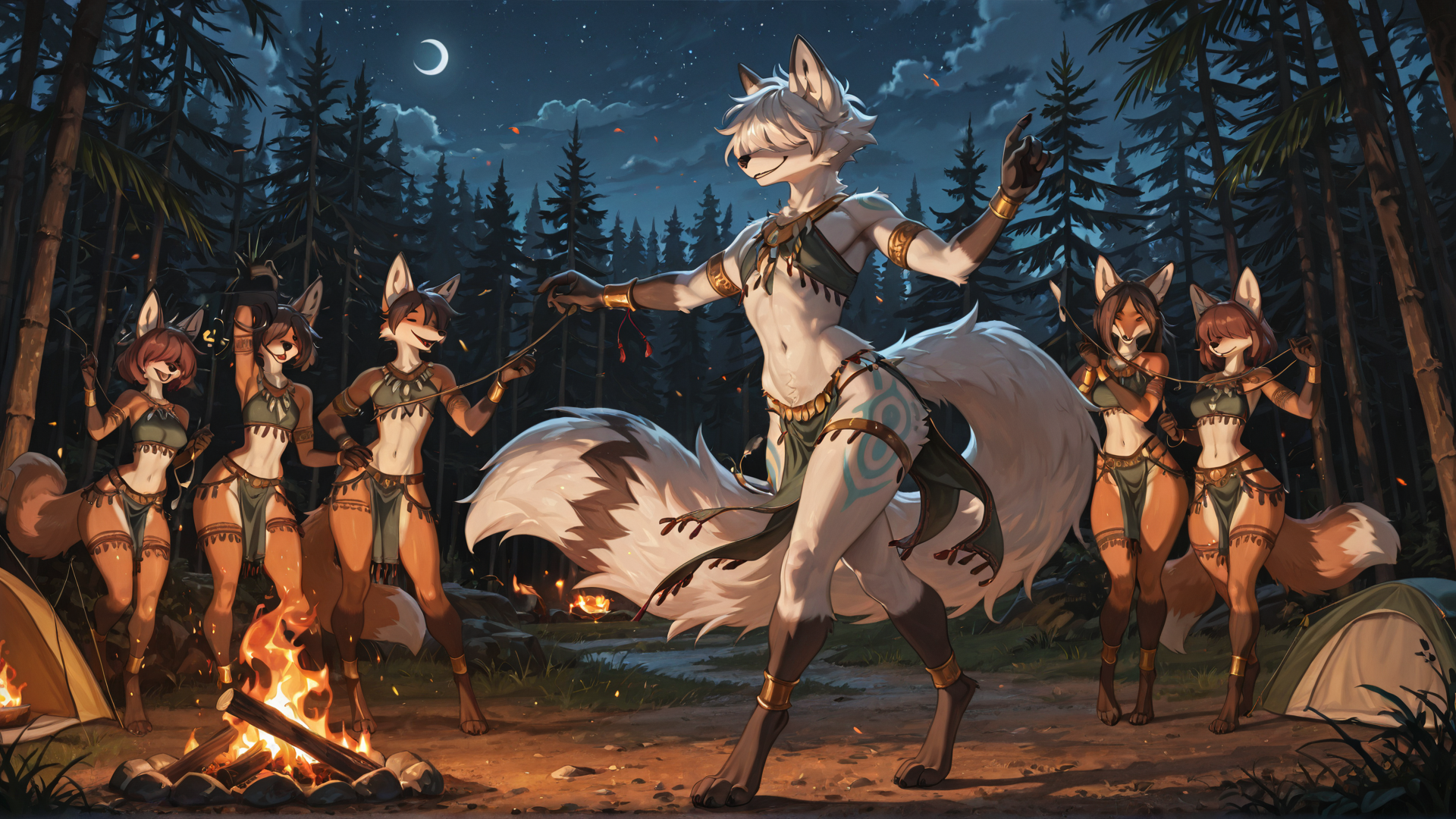 feminine male fox  In revealing tribal clothing  short_hair, messy_hair, hair_over_eyes  white_fur, white_body,  Light_blue_markings, Wide_hips  blue_insides,  short,  Camping at night background  Group at fire dancing,