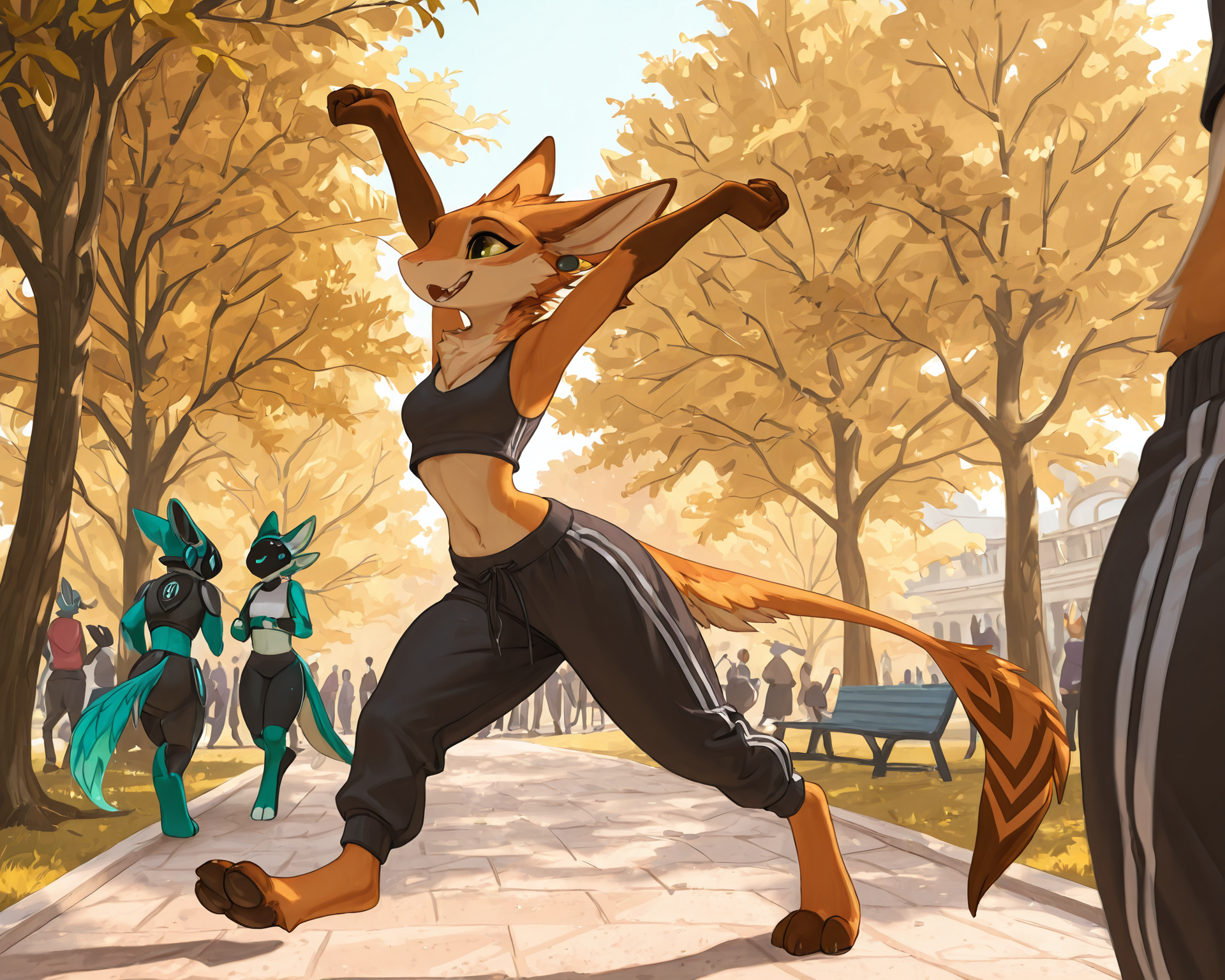 by_kluclew:1.5, solo_focus, protogen, avali, protogen_avali, hybrid, female, thin, slender, small_breasts, small_waist, jagged_mouth, jogging_clothers, digitigrade, three_toes, four_fingers, sweatpants, crop_top, sunny, park, populated_park, detailed_fur, being_watched, crowd, stretching, leg_stretching