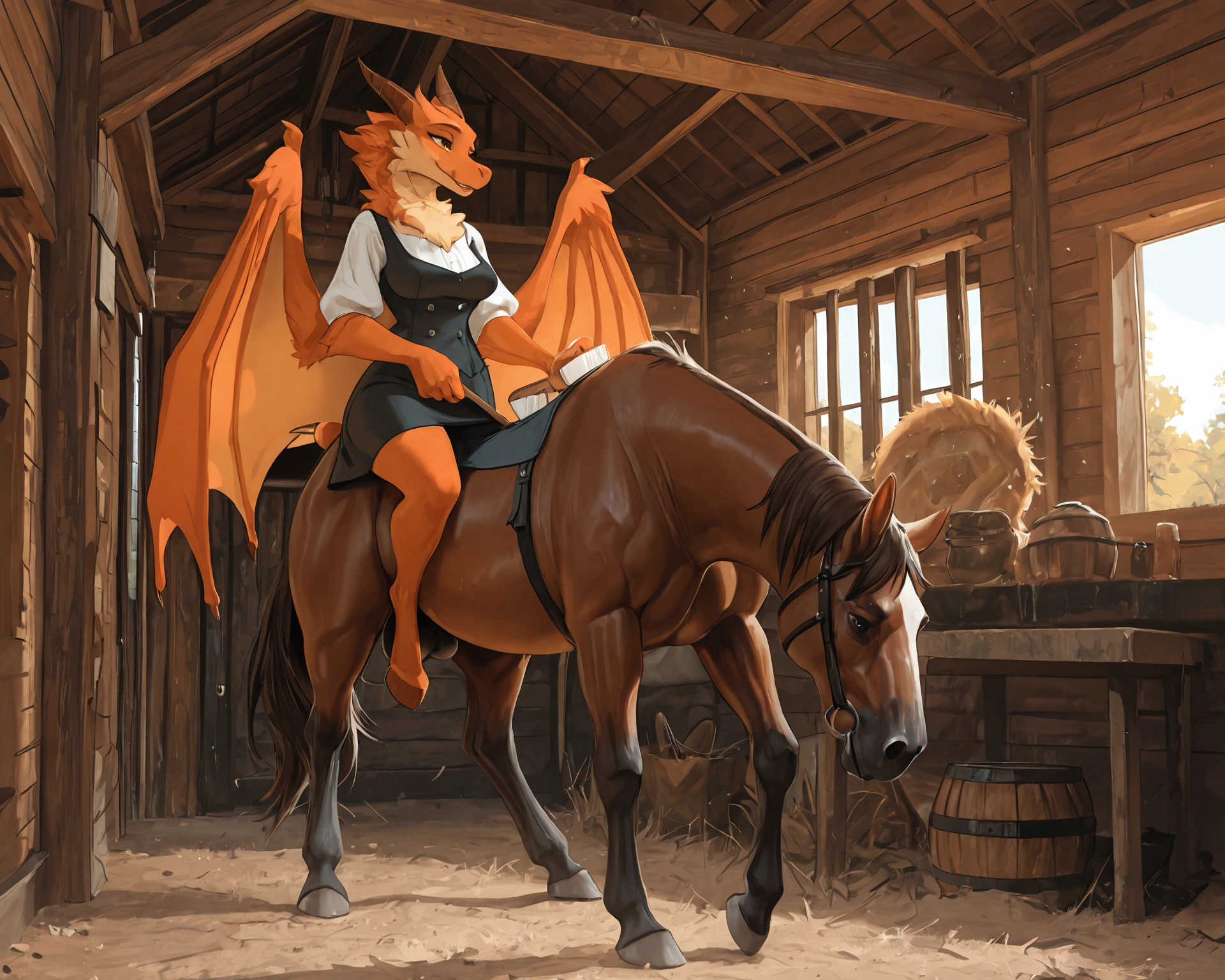 by_kluclew, duo, furred_dragon, anthro, furred_wings, orange_fur, digitigrade, anthro_three_toes, dragon_claws, female, small_breasts, clothed_anthro, slender, happy, gleeful, toothy_smile, barn, stable, brushing_horse, standing, standing_on_gound, smaller, small_female, side_by_side BREAK quadruped, equine, horse, feral, realistic_feral, brown_body, equine_genitalia, sheath, flaccid, fully_sheathed, larger_male, large_horse, beside_anthro