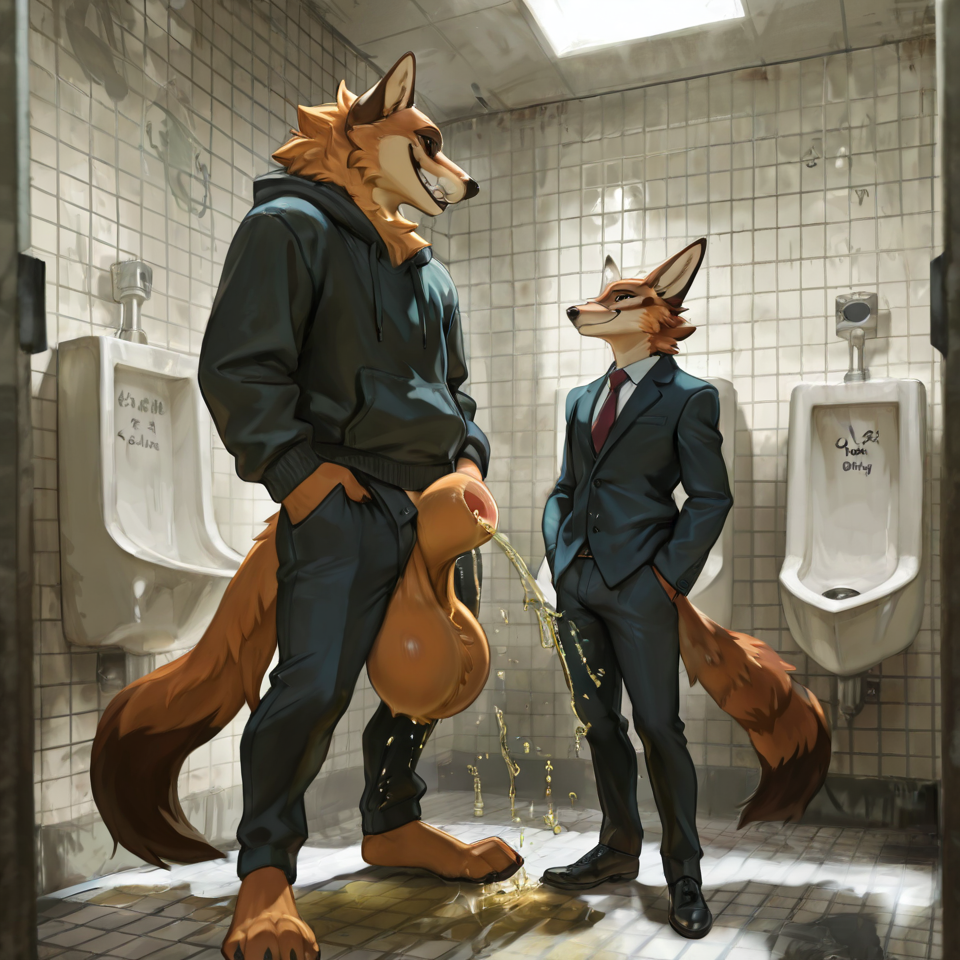 animal_genitalia, huge_sheath, huge_balls, urine_on_ground, fully_clothed, standing, public_restroom, urinal, smiling_at_another, fully_sheathed,