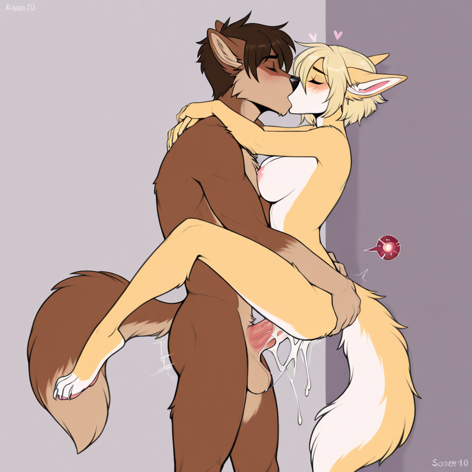 anthro_on_human, human, male/female, vaginal_penetration, impregnation, cum, anthro_Kitsune, male_anthro, female_human, female_human, love, breeding, hugging_from_front, romantic_couple, full_naked, kissing, standing