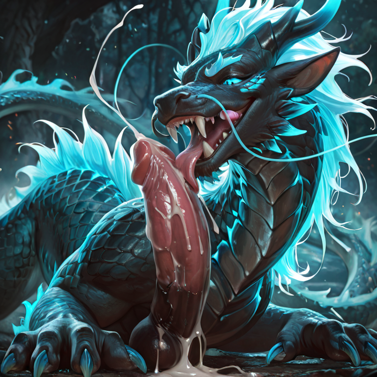 eastern_dragon, cum_drip, animal_penis, licking_lips, glowing_eyes, realistic_feral, claws, fangs, nose_ring,