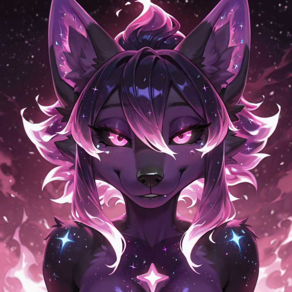 MASTERPIECE, FURRY, HIGH RESOLUTION, BEST QUALITY, AMAZING QUALITY, NEWEST, ULTRA-DETAILED, VERY AESTHETIC, DETAILED HAIR, DETAILED FLUFFY FUR, DEPTH OF FIELD, ABSURDRES, VOLUMETRIC LIGHTING, PHOTOREALISTIC DETAILS, ANTHRO, detailed_shadows, correct_anatomy (detailed_eyes), EyesHD, (detailed_face), (detailed_fluffy_fur), illuxy_style,, solo ((black sclera)), ((pink eyes)), ((glowing eyes)) {ultra_detailed, , absurd_resolution, 8k, masterpiece, looking at viewer, half-closed eyes, smile, blush, ((fire hair)), ((glowing hair)), (((flame hair)))} {ultraviolet light, glowing, glowing hair, glowing eyes} {looking_at_viewer, cocky_expression, scenery, (happy:1.0), (aggresive:1.2), (sexy:0.9), wide_eyes} anthro_fox, violet_fur, pink_head_hair, wolf_face, anthro_wolf, violet_skin, glowing_hair, cosmic_fur, glowing_eyes, furry, galaxy_fur, white_sclera, pink_cornea, hair_between_eyes, inner ear fluff, cosmic_fur, purple_hair, pink_tips, glowing_hair, glowing_ears, cheektuft, galaxy