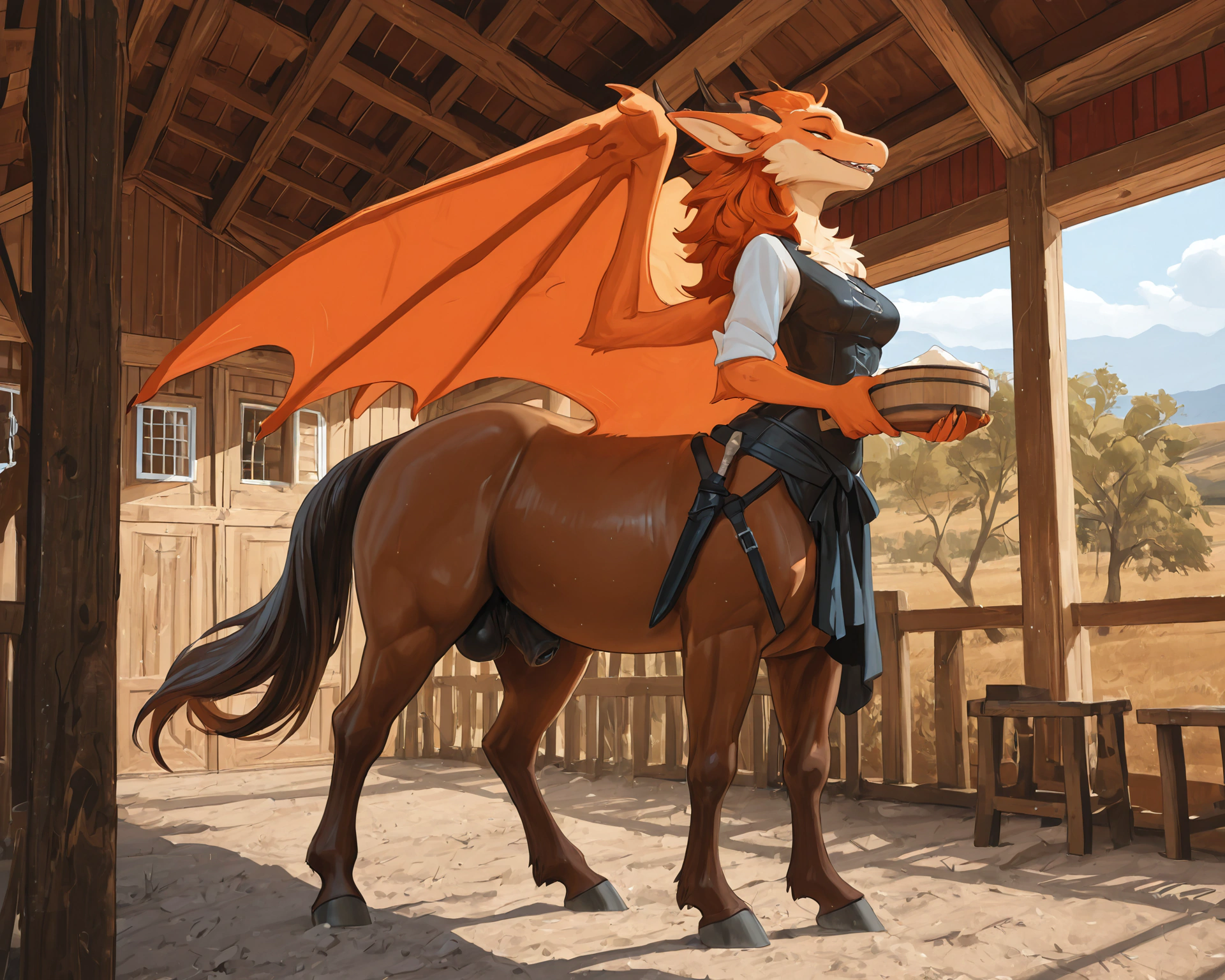 by_kluclew, furred_dragon, anthro, furred_wings, orange_fur, digitigrade, three_toes, dragon_claws, female, small_breasts, clothed_anthro, slender, happy, gleeful, toothy_smile, barn, stable, brushing_horse, standing, next_to_partner, side_by_side BREAK quadruped, equine, horse, feral, realistic_feral, brown_body, equine_genitalia, sheath, flaccid, fully_sheathed