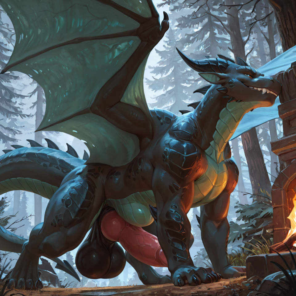 male/male, , huge_balls, huge_penis, sheath,  dragon, feral, wings, on_all_fours, biting_own_lip, animal_genitalia, extreme_penetration, abdominal_bulge,