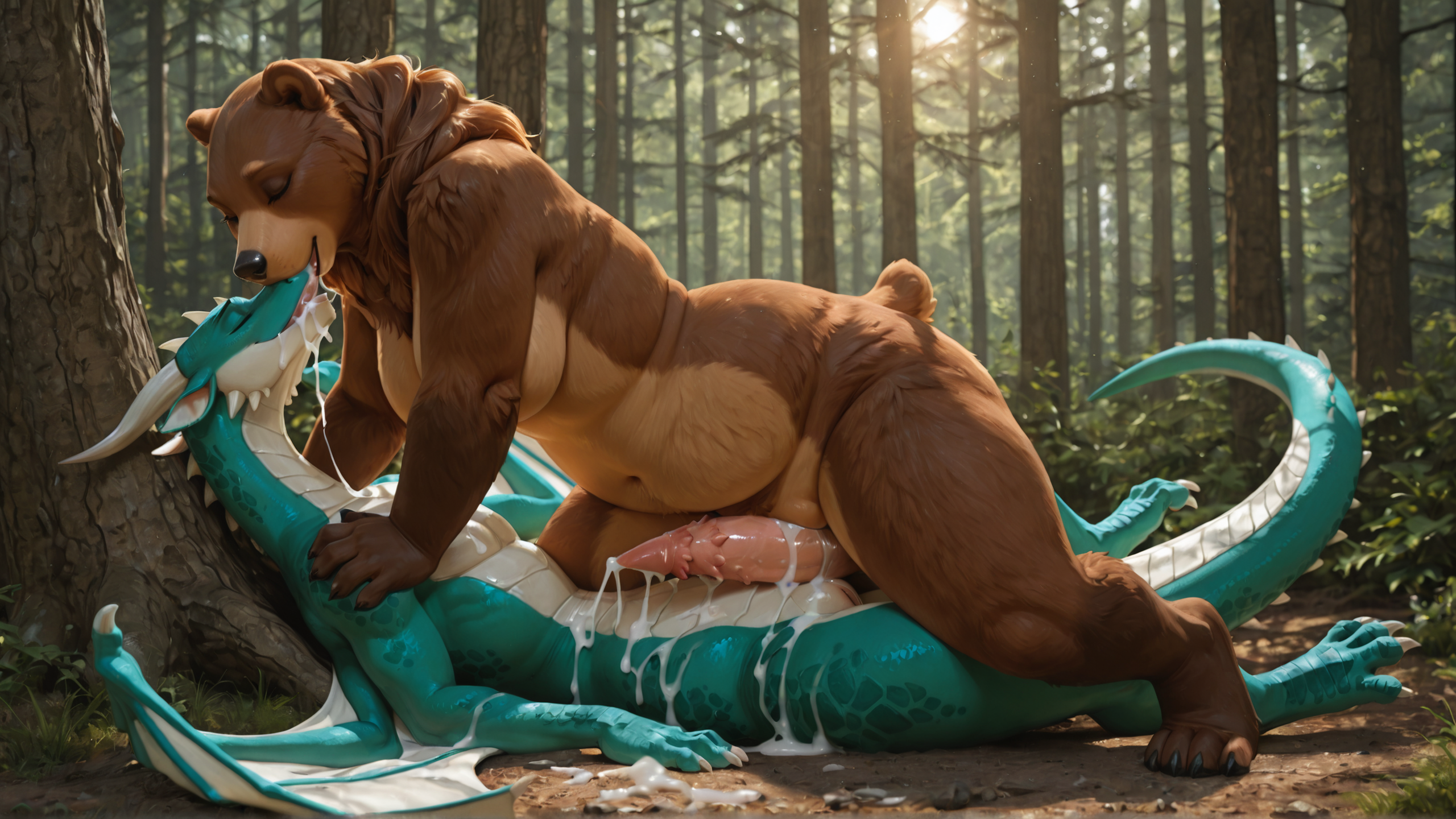 duo, (3d:1), (photorealism:1.3), (realistic:1.3), slightly_chubby_female, adult, (detailed:1), (bear:1.2), female, (feline_pussy:1.4), (feline_vulva:1.3), (fluffy:1),  (dragon:1.2), male, (obese_male:1.2), (genital_slit:1.2), (tapering_penis:2), (spiked_penis:1.6),  (pussyjob:2), female_riding_male, cowgirl_position, side_view, cum, excessive_cum, cum_everywhere, cum_in_mouth, cumshot, kissing, overstimulation, forest,  looking_pleasured,  full_body, lying_on_ground, leaning_on_object, female_on_top,